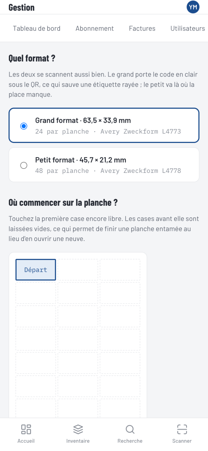 La préparation d’une planche d’étiquettes : le format, et la case de départ sur la planche.
