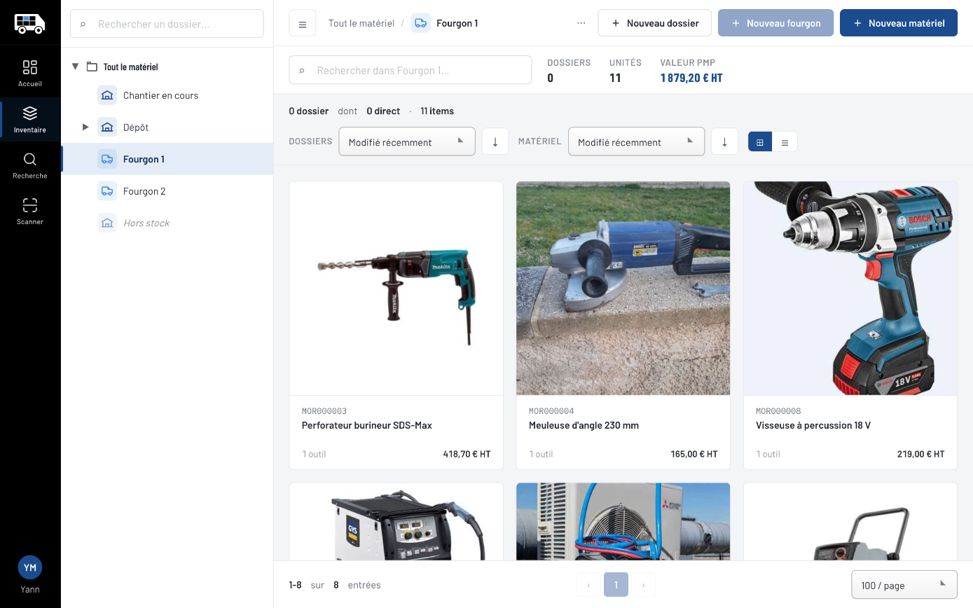 Le contenu d’un fourgon sur un ordinateur : l’arborescence à gauche, les outillages en vignettes avec leur photo et leur valeur.